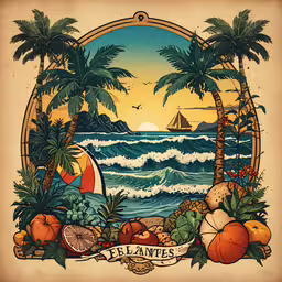 a painting of an island and palm trees with the word elantes,a painting with a picture of a beach and sun in the background