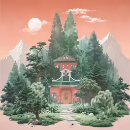a picture of a house in the woods with a sky background