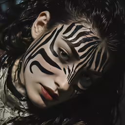 woman with zebra print on her face laying on floor