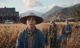 a group of people standing in a field next to a building