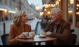 two people sitting at a table and talking