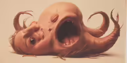 a young child with a weird face and large claws on their heads