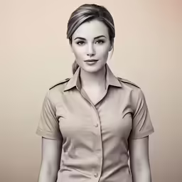 a black and white photo of a girl wearing a uniform