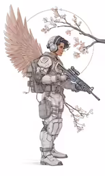 a man with a gun in front of cherry blossom