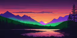 a painting with trees and mountains lit up,a beautiful scenery of the mountains and river
