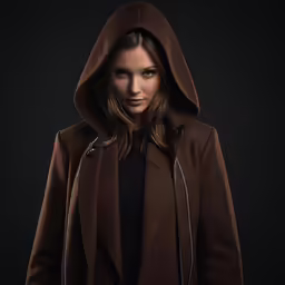 a woman wearing a brown coat and black top