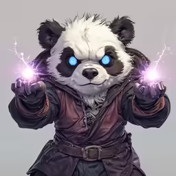 the panda in an outfit is holding two glowing stones