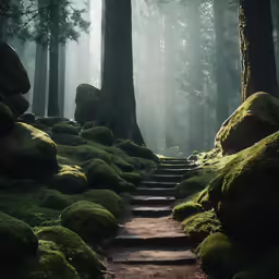 a forest with some moss growing on the ground