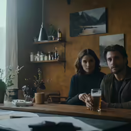 a woman and man are sitting at the table