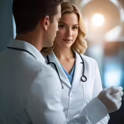 a woman in a white medical coat and stethoscope
