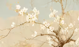a flowering tree with a pastel blue sky in the background