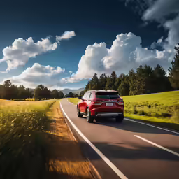 the red pick up truck is driving down the road