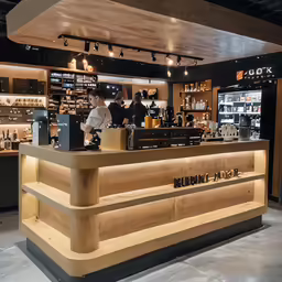 a small counter in a store with two people working