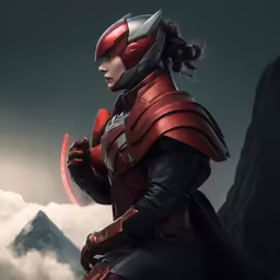 a woman with red armor and helmet on a mountain with clouds in the background