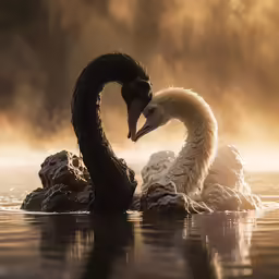 two swans are in the water, near each other