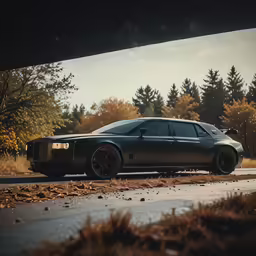 the black car is parked next to a road