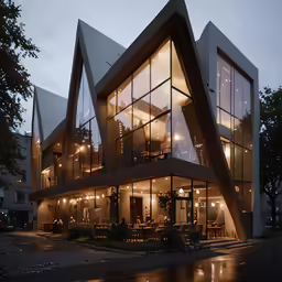 a building that has been made from multiple materials and is lit up