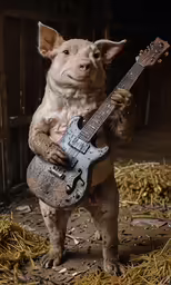an adorable dog playing a guitar inside of a barn