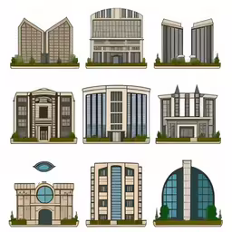 several architectural buildings, including the front of each building,a set of buildings with windows and plants