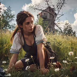 woman in overalls crouching down in grass with house in background