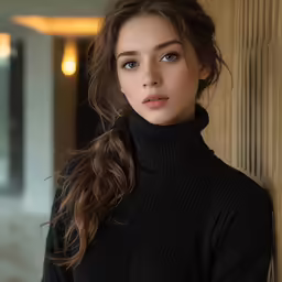 an asian woman with a black sweater and ponytail