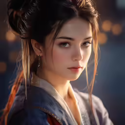 an asian woman with blue eyes, wearing a blue dress