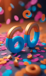 some letters are on a blue surface and purple, orange, and pink confetti is on the ground