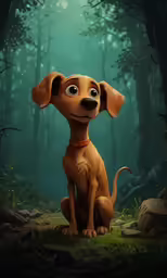 a cute brown dog sitting in the middle of the forest