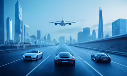 three futuristic vehicles traveling down an urban street