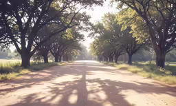 the shadows are cast on the road by many trees