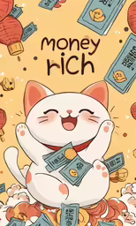 a cat and a bunch of money under the words money rich