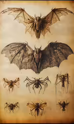 six bats with the eyes and arms of various creatures
