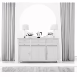 a white room with curtains, lamps and a large mirror