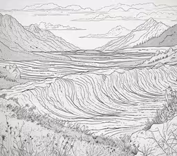 drawing with ink waves on white paper,a drawing of mountains and water