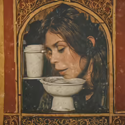 there is a woman drinking out of a toilet