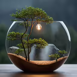 small pine trees inside of an aquarium filled with water
