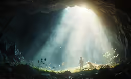 a cave filled with people sitting on the ground
