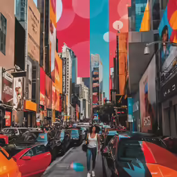 a woman walking on a street near a lot of cars