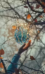 a person holding a light ball in the trees