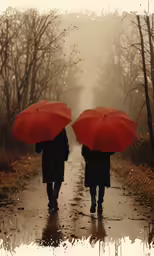 two people walking down the road holding umbrellas