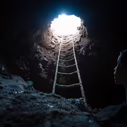 a man climbing up a ladder into the light in a cave