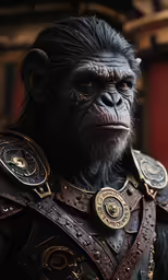 an evil looking gorilla dressed in costume standing near a wall