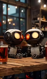 a pair of robot lamps sitting on a wooden table