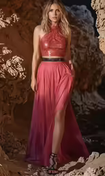 a woman in a long pink dress standing next to a stone cave