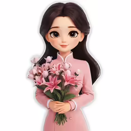 a girl with long black hair holding pink flowers
