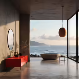 there is a bath tub in the middle of this room with glass walls that overlook the beach