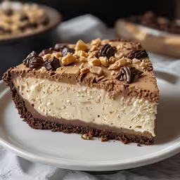 a large slice of cheesecake with nuts on top