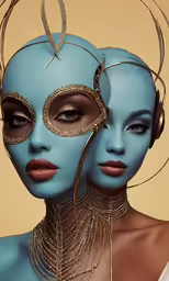 two beautiful women in blue masks and jewelry