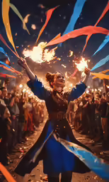 a woman wearing blue holds fire while wearing long sleeves