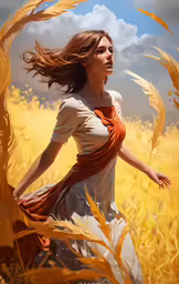 a woman in a white dress and brown scarf stands in tall grass